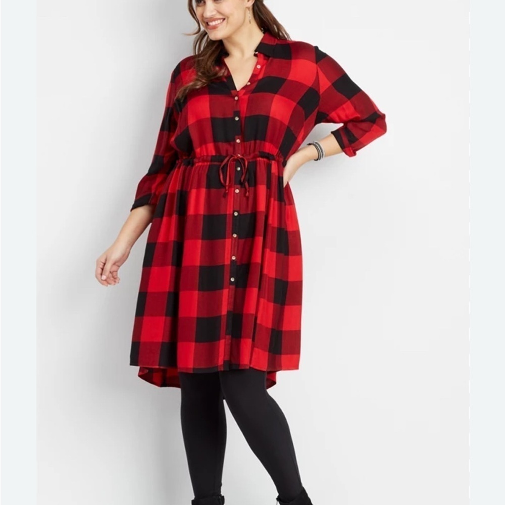 Old Navy Red Black Buffalo Plaid Elastic Tie Waist Button Up Shirt Dress Size 4X